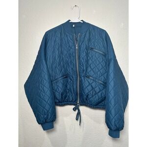 Free People Teal Quilted Bomber Jacket Womens XS Cropped Zip Up Drawstring Hem